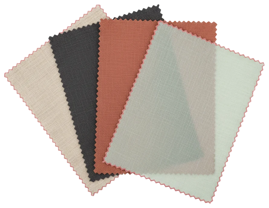 Muestras de tela en lino, blackout, terracota y sheer