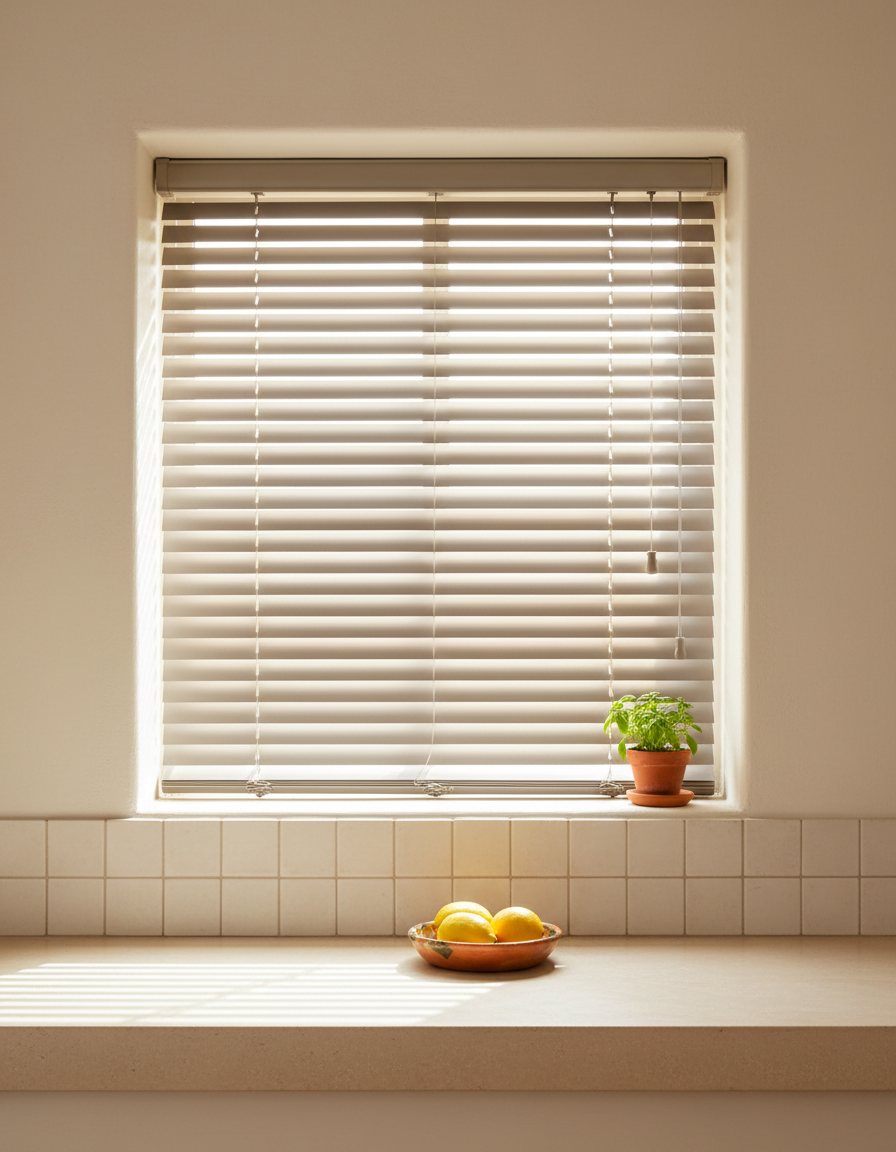 Persiana horizontal de aluminio blanca en la ventana de una cocina