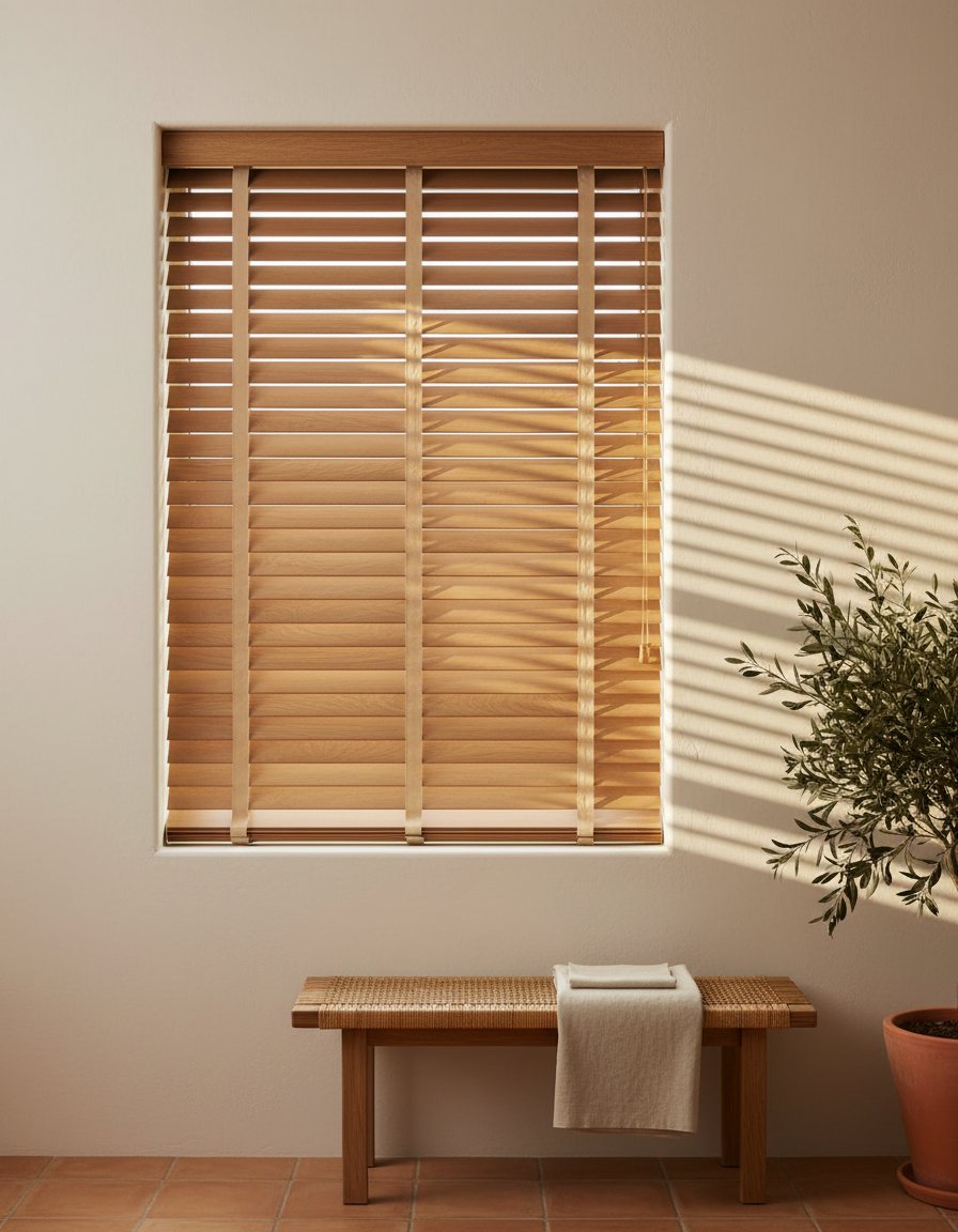 Persiana horizontal de madera con franjas de luz sobre una pared de yeso