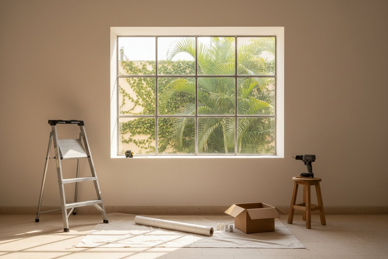 Escalera, taladro y persiana lista para instalar junto a una ventana sin cortina