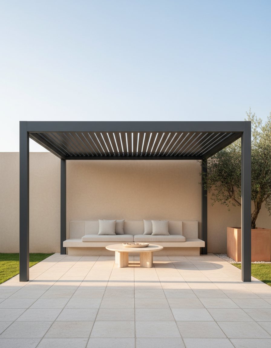 Pérgola de aluminio grafito con lamas sobre una terraza