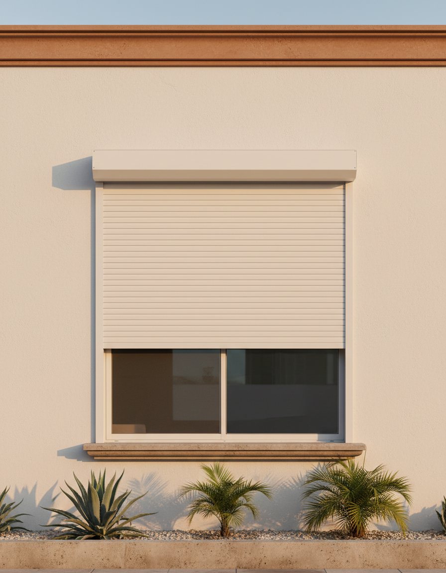 Persiana anticiclónica de aluminio medio cerrada sobre una ventana grande