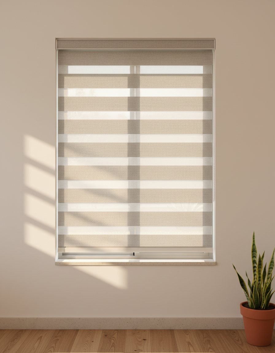 Persiana Sheer elegance de franjas translúcidas y opacas en una ventana