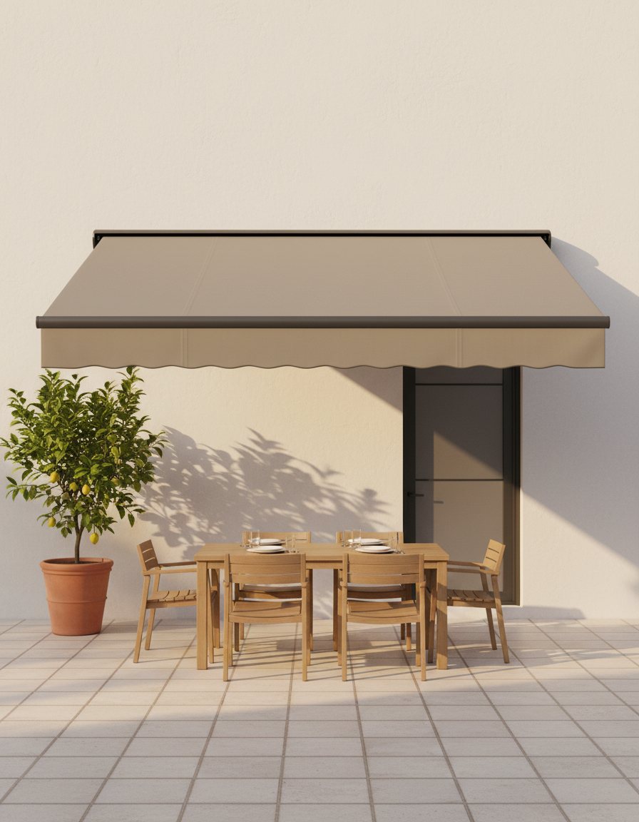 Toldo de brazos invisibles extendido sobre un comedor exterior