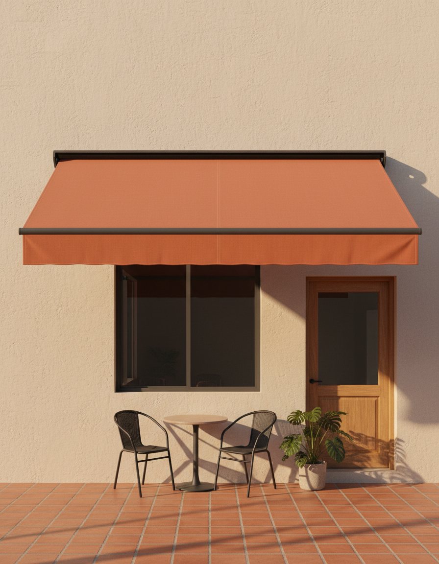 Toldo retráctil terracota sobre una mesa pequeña en una terraza