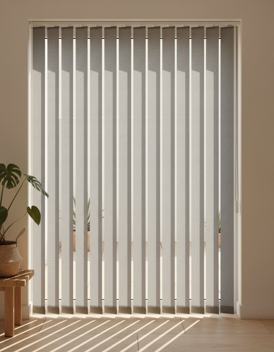 Persiana vertical de PVC gris claro sobre una puerta corrediza de vidrio